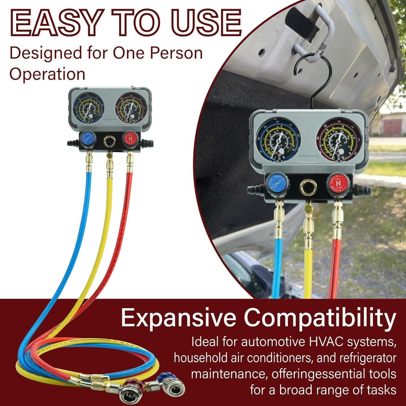 CALPOSE 3 Way AC Gauge Set，HVAC Gauges for R134a R410a R12 R22 R502 Refrigerant，Refrigerant Gauge Kit with 5FT Hoses，Anti-Collision Dial，R410a Adapter，Puncturing Can Tap - Image 3